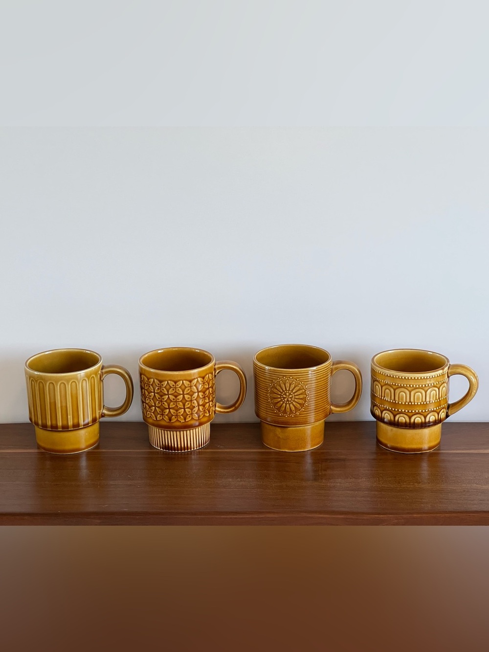 MCM Japan Brown Stoneware Stackable Coffee Mugs Set of 4 Vintage EUC